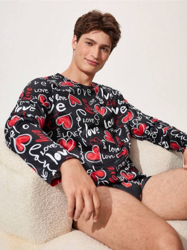 Feline Happy Jammies Man All Over Print Crew Neck Long Sleeve Casual Sleepwear